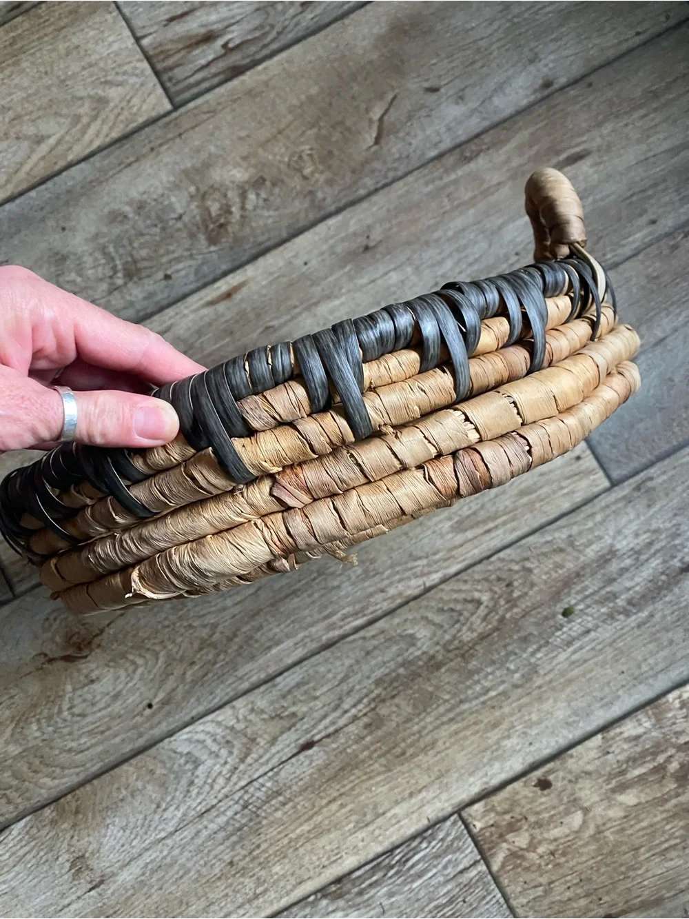 Vintage Handwoven Coiled Basket Tray with Handles – 14” Boho Decor Centerpiece